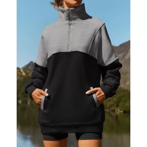 imageZESICA Womens Half Zip Sweatshirts Long Sleeve Color Block Hoodies Oversized Pullover Sweater Tops 2024 Fall Y2k ClothesBlack