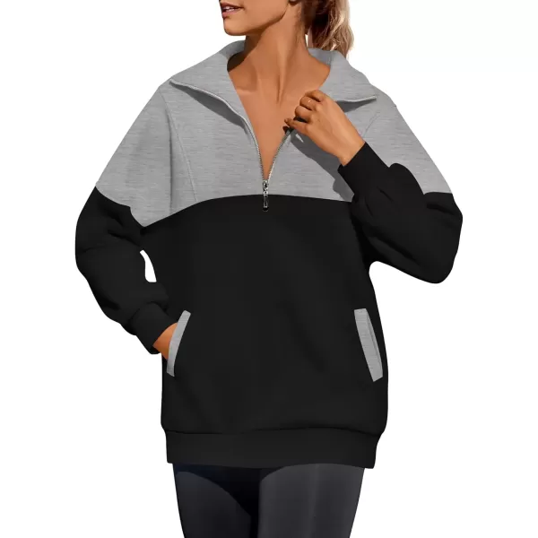 imageZESICA Womens Half Zip Sweatshirts Long Sleeve Color Block Hoodies Oversized Pullover Sweater Tops 2024 Fall Y2k ClothesBlack