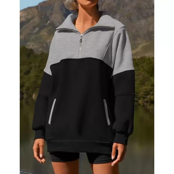 imageZESICA Womens Half Zip Sweatshirts Long Sleeve Color Block Hoodies Oversized Pullover Sweater Tops 2024 Fall Y2k ClothesBlack