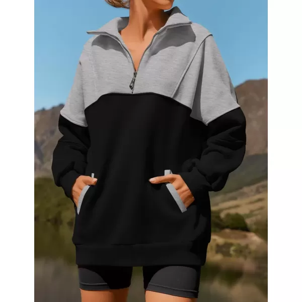 imageZESICA Womens Half Zip Sweatshirts Long Sleeve Color Block Hoodies Oversized Pullover Sweater Tops 2024 Fall Y2k ClothesBlack