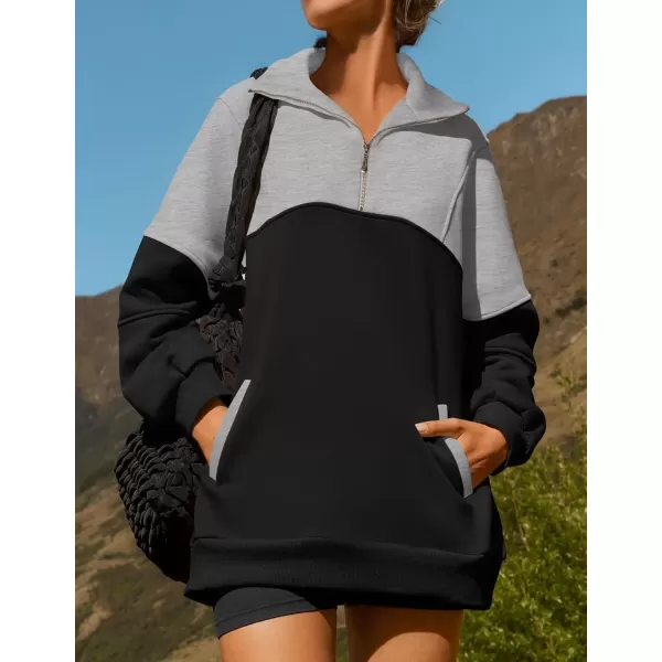 imageZESICA Womens Half Zip Sweatshirts Long Sleeve Color Block Hoodies Oversized Pullover Sweater Tops 2024 Fall Y2k ClothesBlack