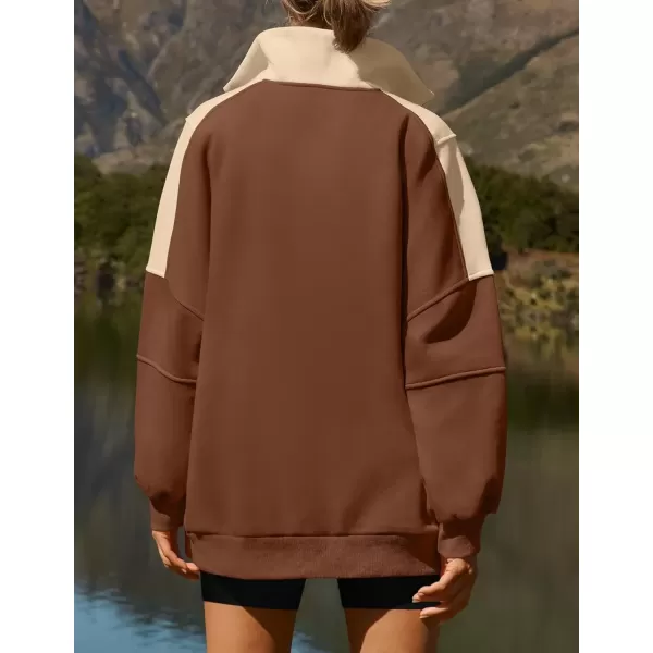 imageZESICA Womens Half Zip Sweatshirts Long Sleeve Color Block Hoodies Oversized Pullover Sweater Tops 2024 Fall Y2k ClothesBrown