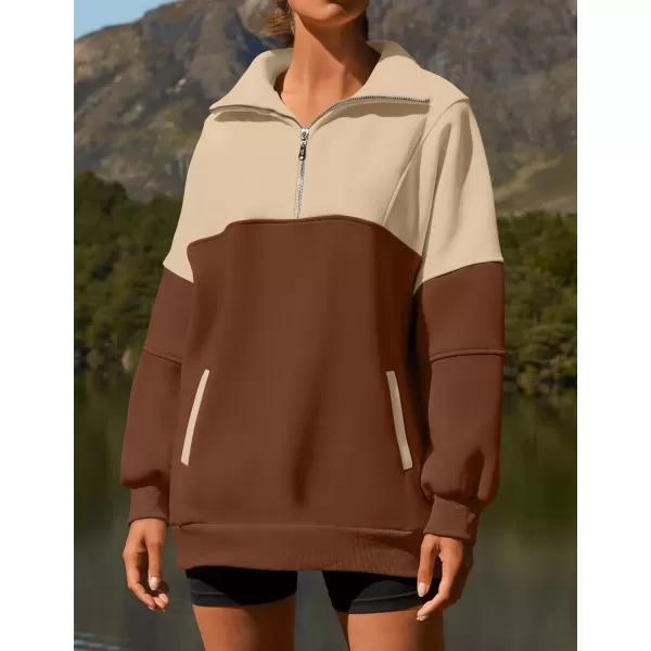 imageZESICA Womens Half Zip Sweatshirts Long Sleeve Color Block Hoodies Oversized Pullover Sweater Tops 2024 Fall Y2k ClothesBrown