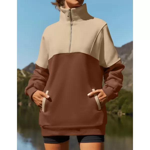 imageZESICA Womens Half Zip Sweatshirts Long Sleeve Color Block Hoodies Oversized Pullover Sweater Tops 2024 Fall Y2k ClothesBrown