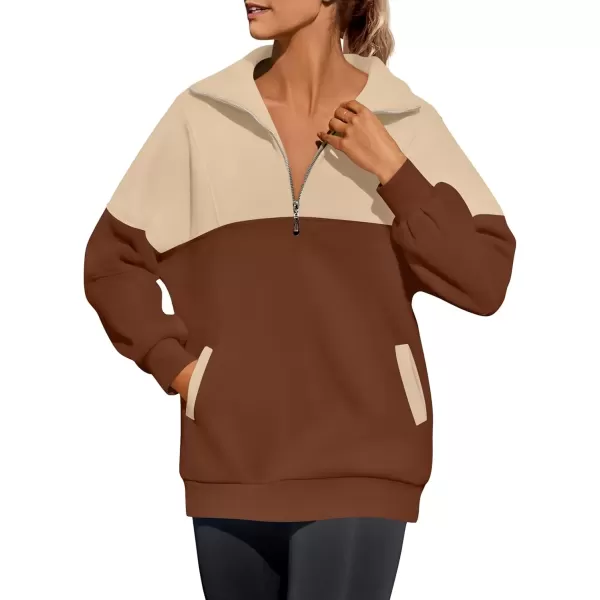 imageZESICA Womens Half Zip Sweatshirts Long Sleeve Color Block Hoodies Oversized Pullover Sweater Tops 2024 Fall Y2k ClothesBrown