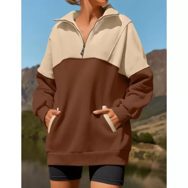 imageZESICA Womens Half Zip Sweatshirts Long Sleeve Color Block Hoodies Oversized Pullover Sweater Tops 2024 Fall Y2k ClothesBrown