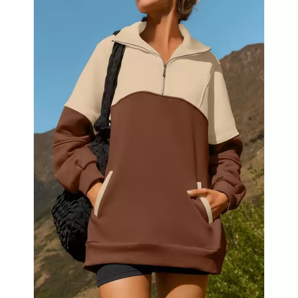 imageZESICA Womens Half Zip Sweatshirts Long Sleeve Color Block Hoodies Oversized Pullover Sweater Tops 2024 Fall Y2k ClothesBrown