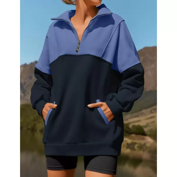 imageZESICA Womens Half Zip Sweatshirts Long Sleeve Color Block Hoodies Oversized Pullover Sweater Tops 2024 Fall Y2k ClothesNavy