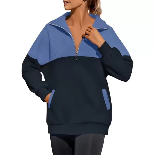 imageZESICA Womens Half Zip Sweatshirts Long Sleeve Color Block Hoodies Oversized Pullover Sweater Tops 2024 Fall Y2k ClothesNavy