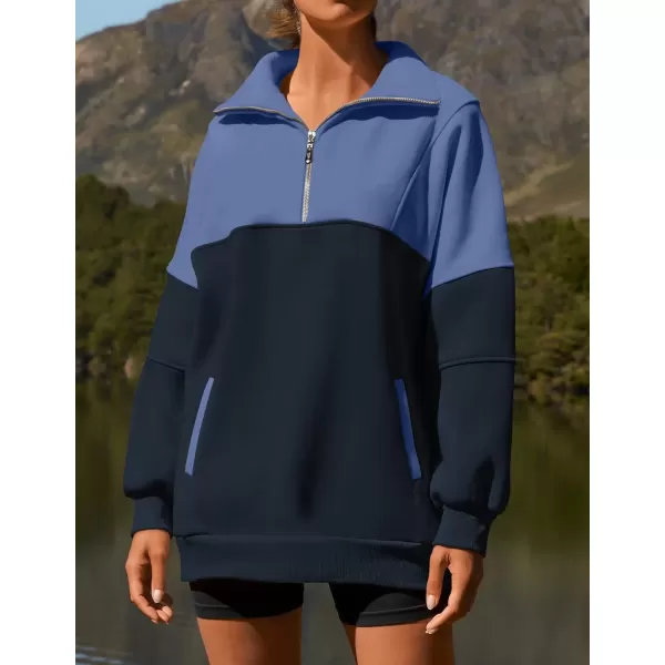 imageZESICA Womens Half Zip Sweatshirts Long Sleeve Color Block Hoodies Oversized Pullover Sweater Tops 2024 Fall Y2k ClothesNavy