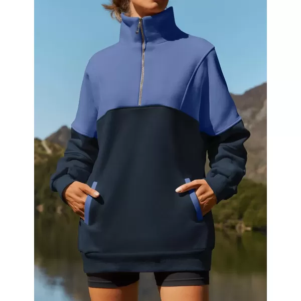 imageZESICA Womens Half Zip Sweatshirts Long Sleeve Color Block Hoodies Oversized Pullover Sweater Tops 2024 Fall Y2k ClothesNavy