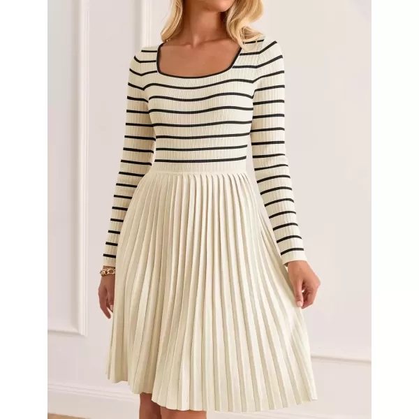 imageZESICA Womens Long Sleeve Striped Dresses 2024 Square Neck Pleated Ribbed Knit Casual A Line Mini DressAlmond