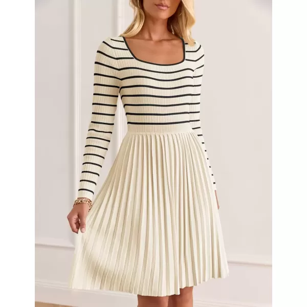 imageZESICA Womens Long Sleeve Striped Dresses 2024 Square Neck Pleated Ribbed Knit Casual A Line Mini DressAlmond