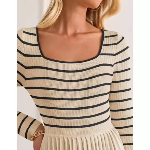 imageZESICA Womens Long Sleeve Striped Dresses 2024 Square Neck Pleated Ribbed Knit Casual A Line Mini DressApricot