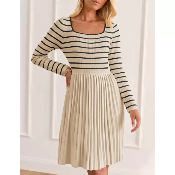 imageZESICA Womens Long Sleeve Striped Dresses 2024 Square Neck Pleated Ribbed Knit Casual A Line Mini DressApricot