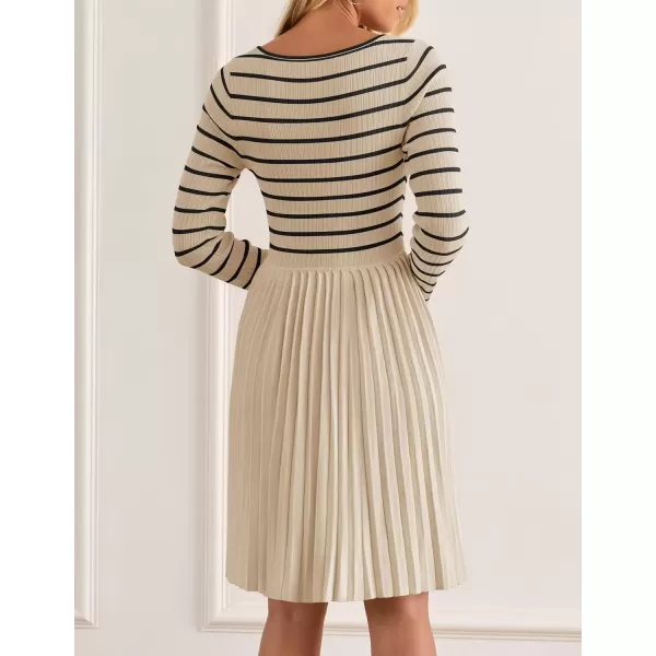 imageZESICA Womens Long Sleeve Striped Dresses 2024 Square Neck Pleated Ribbed Knit Casual A Line Mini DressApricot