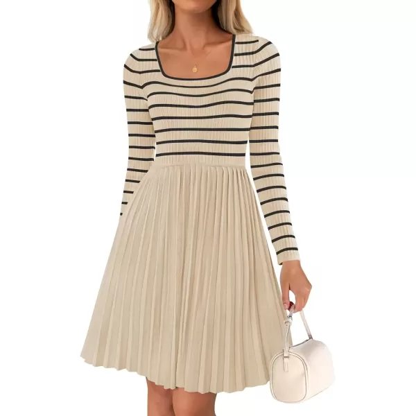 imageZESICA Womens Long Sleeve Striped Dresses 2024 Square Neck Pleated Ribbed Knit Casual A Line Mini DressApricot