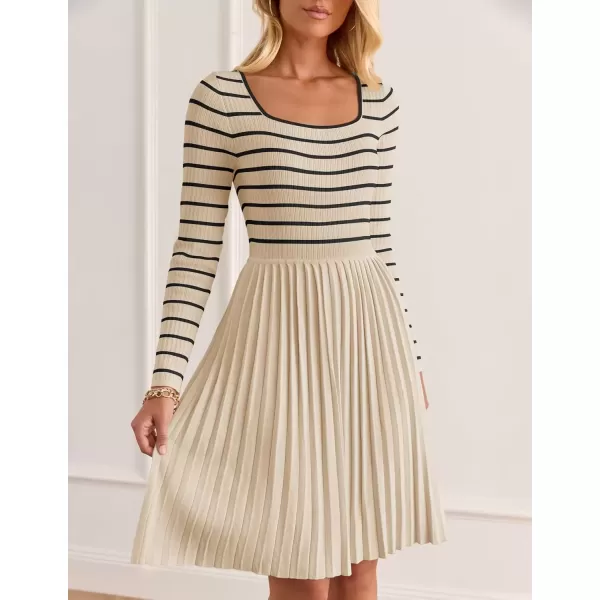 imageZESICA Womens Long Sleeve Striped Dresses 2024 Square Neck Pleated Ribbed Knit Casual A Line Mini DressApricot