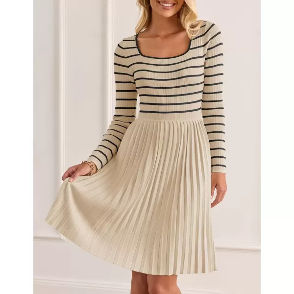 imageZESICA Womens Long Sleeve Striped Dresses 2024 Square Neck Pleated Ribbed Knit Casual A Line Mini DressApricot
