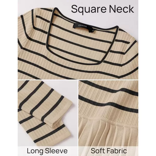 imageZESICA Womens Long Sleeve Striped Dresses 2024 Square Neck Pleated Ribbed Knit Casual A Line Mini DressApricot