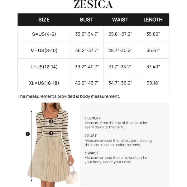 imageZESICA Womens Long Sleeve Striped Dresses 2024 Square Neck Pleated Ribbed Knit Casual A Line Mini DressApricot