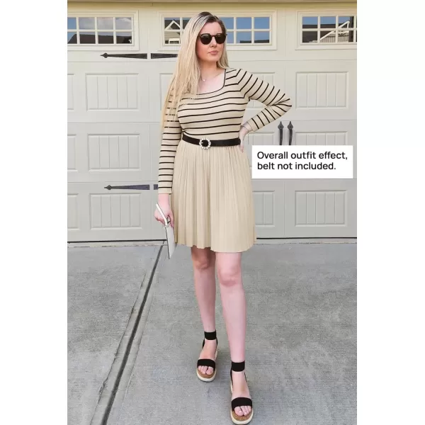 imageZESICA Womens Long Sleeve Striped Dresses 2024 Square Neck Pleated Ribbed Knit Casual A Line Mini DressApricot