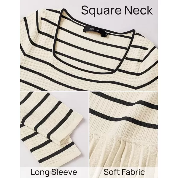 imageZESICA Womens Long Sleeve Striped Dresses 2024 Square Neck Pleated Ribbed Knit Casual A Line Mini DressBeige