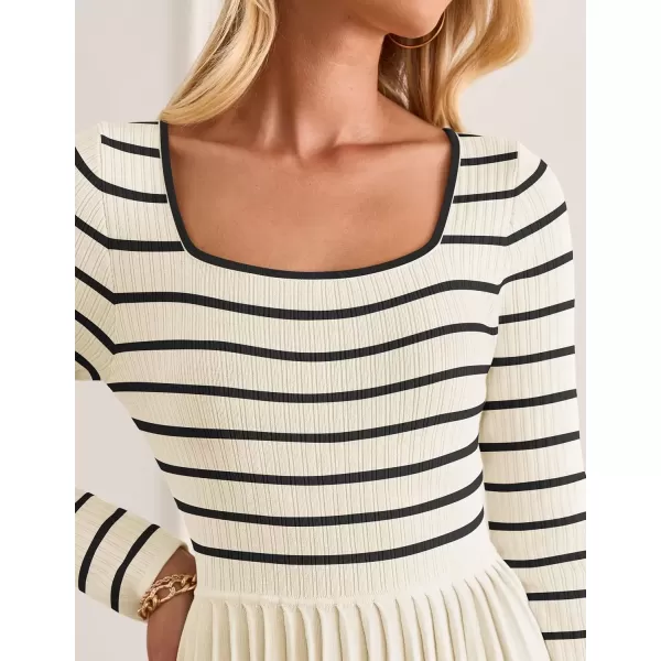 imageZESICA Womens Long Sleeve Striped Dresses 2024 Square Neck Pleated Ribbed Knit Casual A Line Mini DressBeige