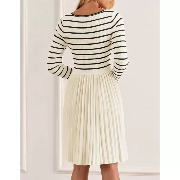 imageZESICA Womens Long Sleeve Striped Dresses 2024 Square Neck Pleated Ribbed Knit Casual A Line Mini DressBeige