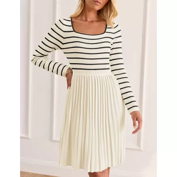 imageZESICA Womens Long Sleeve Striped Dresses 2024 Square Neck Pleated Ribbed Knit Casual A Line Mini DressBeige