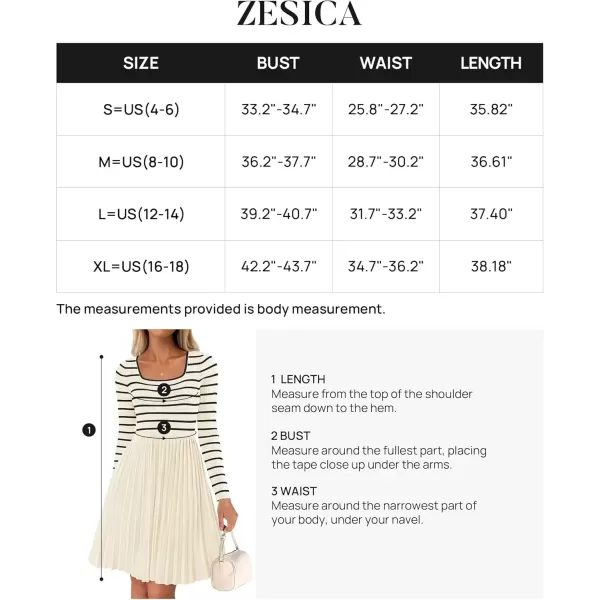 imageZESICA Womens Long Sleeve Striped Dresses 2024 Square Neck Pleated Ribbed Knit Casual A Line Mini DressBeige