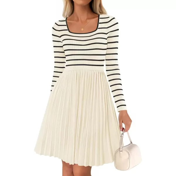 imageZESICA Womens Long Sleeve Striped Dresses 2024 Square Neck Pleated Ribbed Knit Casual A Line Mini DressBeige