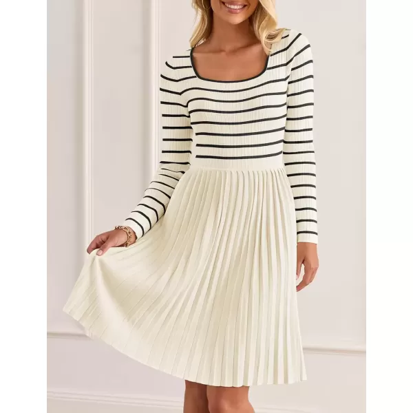imageZESICA Womens Long Sleeve Striped Dresses 2024 Square Neck Pleated Ribbed Knit Casual A Line Mini DressBeige