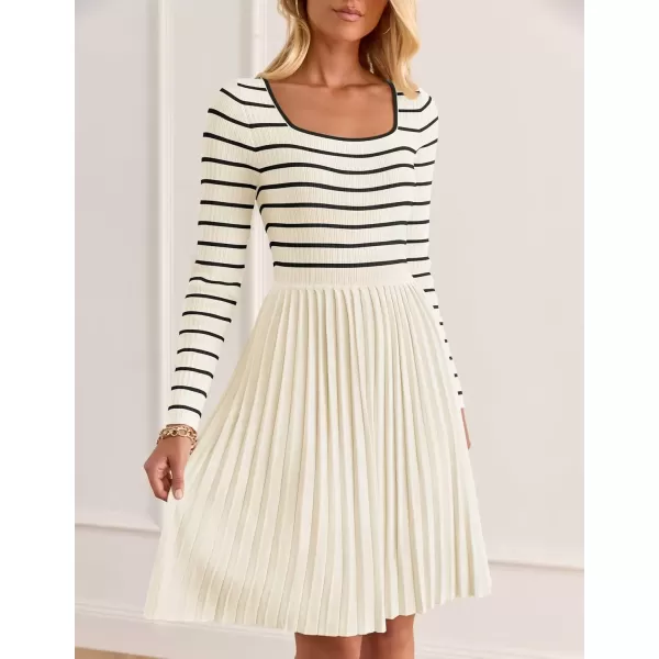 imageZESICA Womens Long Sleeve Striped Dresses 2024 Square Neck Pleated Ribbed Knit Casual A Line Mini DressBeige