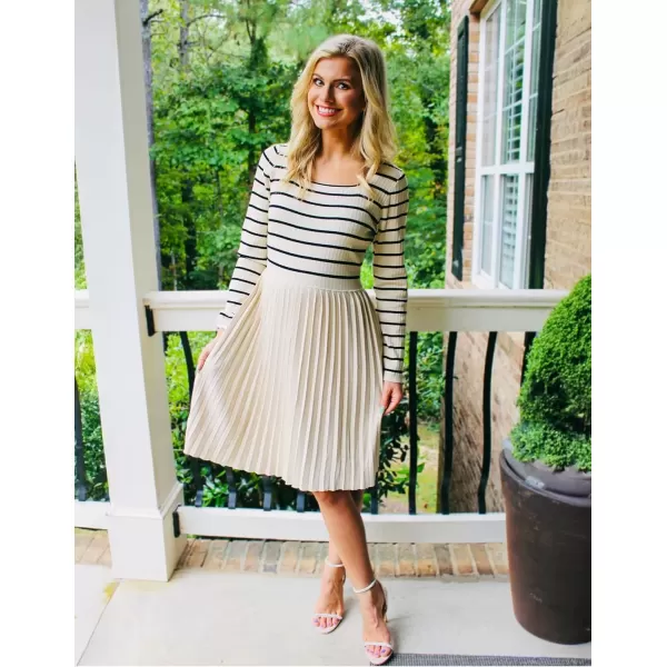 imageZESICA Womens Long Sleeve Striped Dresses 2024 Square Neck Pleated Ribbed Knit Casual A Line Mini DressBeige