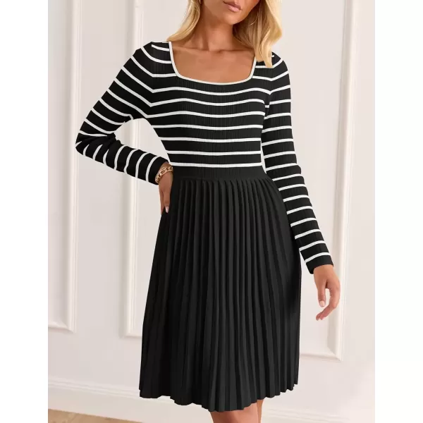 imageZESICA Womens Long Sleeve Striped Dresses 2024 Square Neck Pleated Ribbed Knit Casual A Line Mini DressBlack