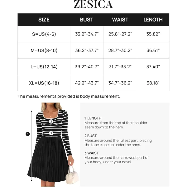 imageZESICA Womens Long Sleeve Striped Dresses 2024 Square Neck Pleated Ribbed Knit Casual A Line Mini DressBlack