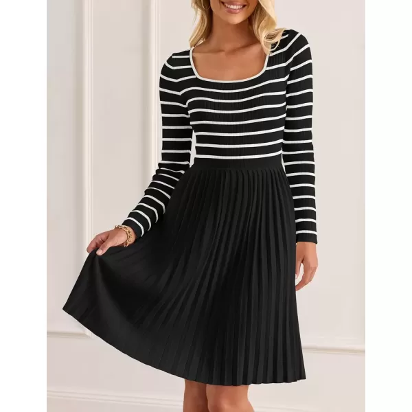 imageZESICA Womens Long Sleeve Striped Dresses 2024 Square Neck Pleated Ribbed Knit Casual A Line Mini DressBlack