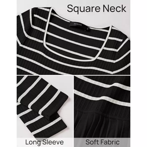 imageZESICA Womens Long Sleeve Striped Dresses 2024 Square Neck Pleated Ribbed Knit Casual A Line Mini DressBlack