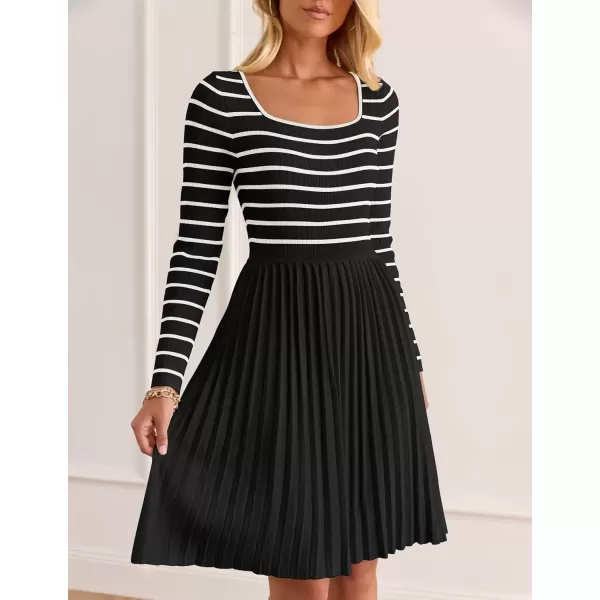 imageZESICA Womens Long Sleeve Striped Dresses 2024 Square Neck Pleated Ribbed Knit Casual A Line Mini DressBlack