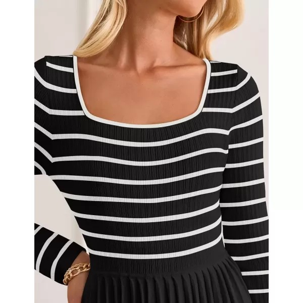 imageZESICA Womens Long Sleeve Striped Dresses 2024 Square Neck Pleated Ribbed Knit Casual A Line Mini DressBlack