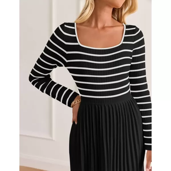imageZESICA Womens Long Sleeve Striped Dresses 2024 Square Neck Pleated Ribbed Knit Casual A Line Mini DressBlack