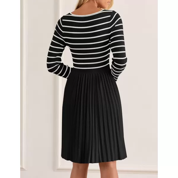 imageZESICA Womens Long Sleeve Striped Dresses 2024 Square Neck Pleated Ribbed Knit Casual A Line Mini DressBlack
