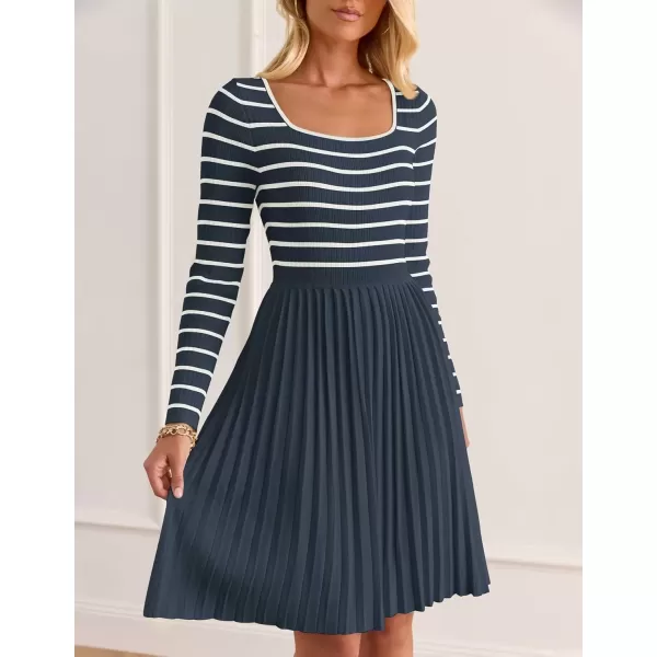imageZESICA Womens Long Sleeve Striped Dresses 2024 Square Neck Pleated Ribbed Knit Casual A Line Mini DressDusty Blue