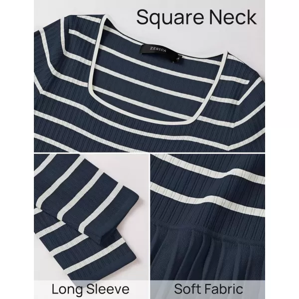 imageZESICA Womens Long Sleeve Striped Dresses 2024 Square Neck Pleated Ribbed Knit Casual A Line Mini DressDusty Blue