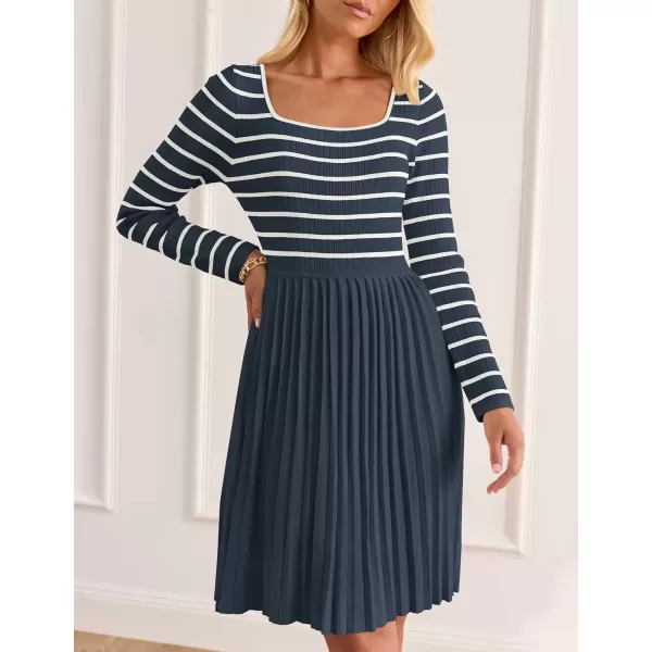 imageZESICA Womens Long Sleeve Striped Dresses 2024 Square Neck Pleated Ribbed Knit Casual A Line Mini DressDusty Blue