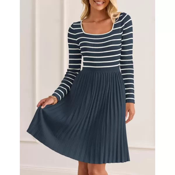 imageZESICA Womens Long Sleeve Striped Dresses 2024 Square Neck Pleated Ribbed Knit Casual A Line Mini DressDusty Blue