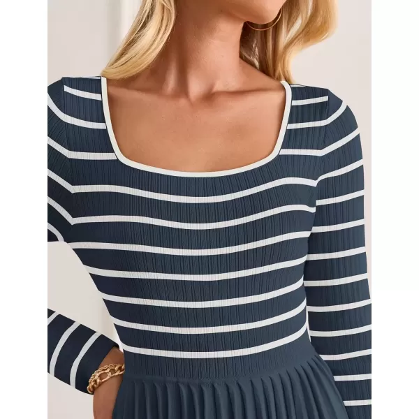 imageZESICA Womens Long Sleeve Striped Dresses 2024 Square Neck Pleated Ribbed Knit Casual A Line Mini DressDusty Blue