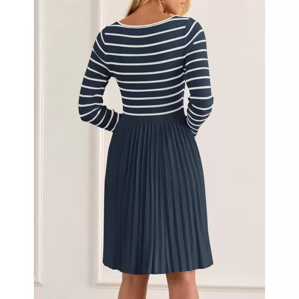 imageZESICA Womens Long Sleeve Striped Dresses 2024 Square Neck Pleated Ribbed Knit Casual A Line Mini DressDusty Blue