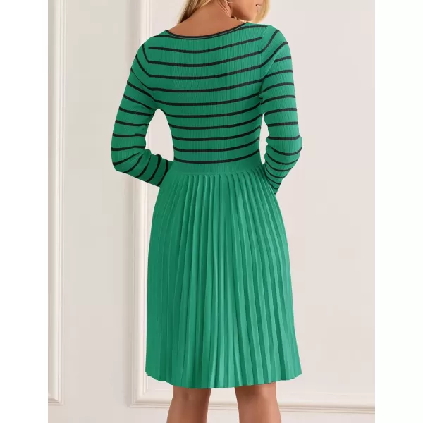 imageZESICA Womens Long Sleeve Striped Dresses 2024 Square Neck Pleated Ribbed Knit Casual A Line Mini DressGreen